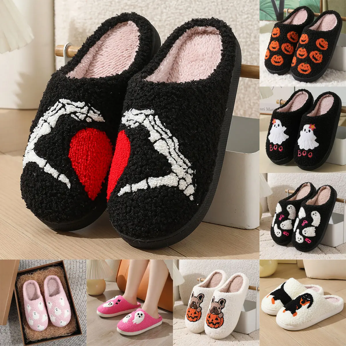 Women Halloween Plush Slip-On Slippers, Ghost Pumpkin Design Cozy Non-Slip Bedroom Home Footwear