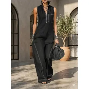 Women’s Sleeveless Linen Blend Jumpsuit, Zip Front Loose Fit Wide Leg Romper, Casual Minimal Work Vacation Outfit