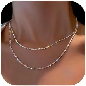 CASSIECA 2pc Chain Silver Necklace for Women Layered Chain Necklace Stackable Necklace Shiny Diamond Cut Popcorn Chain for Women Girls