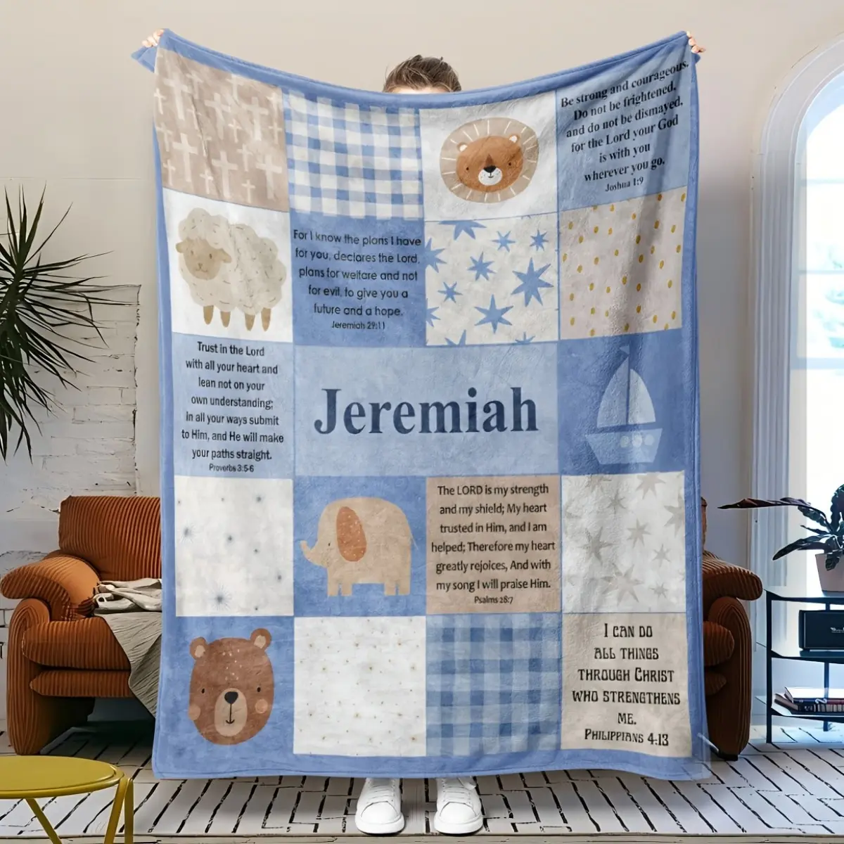 1pc Personalized Bible Blanket, Christian Gift, Forest Animal Personalized Name Custom Gift, Bible Verse, Baptism Gift with Name Flannel Blanket