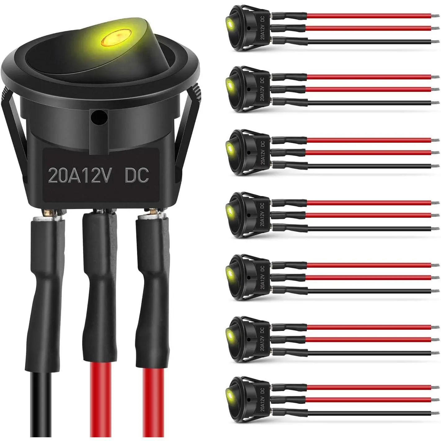 Nilight 8PCS Round Rocker Switch Set - High-Quality 12-24V 20A SPST 3-Pin 2-Position Switches, Flame-Retardant Copper-Plated Silver Casing, Yellow LED, 16AWG Pre-Wired Presoldered Wires, Keyhole Slot for Easy Car/Truck Installation