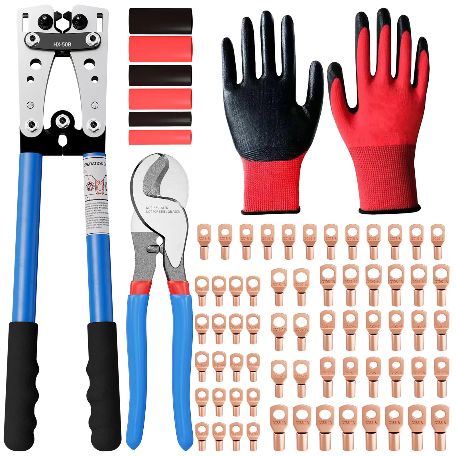 Battery Cable Lug Crimping Tool for AWG 10-1/0 Electrical Lug, with Cable Cutter 64pcs Ring Terminals and 70pcs Heat Shrink Tubing