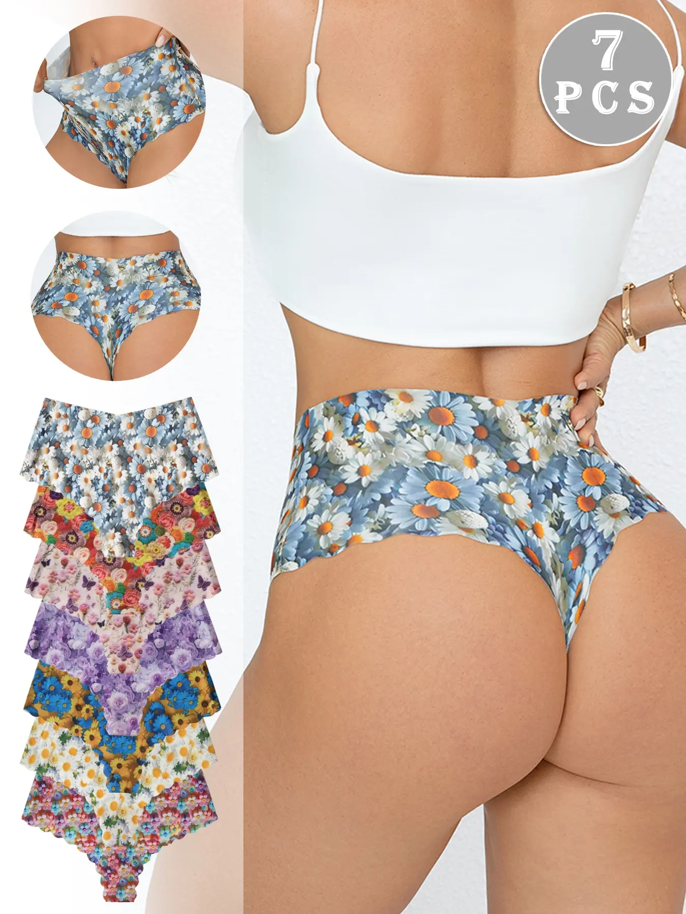 Women's High-Waisted Underwear Set, 7-Pack Seamless Ice Silk Wave-Edge Floral Design, Casual Style All Season Comfortable Fit, Soft Comfy Panties