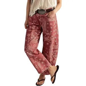 Women Boyfriend Baggy Barrel Jeans Floral Print Denim Ankle Pants Wide Leg Mid Rise Jeans Sweatpants Y2k Patchwork cargo SoftMotion Straight Fitness
