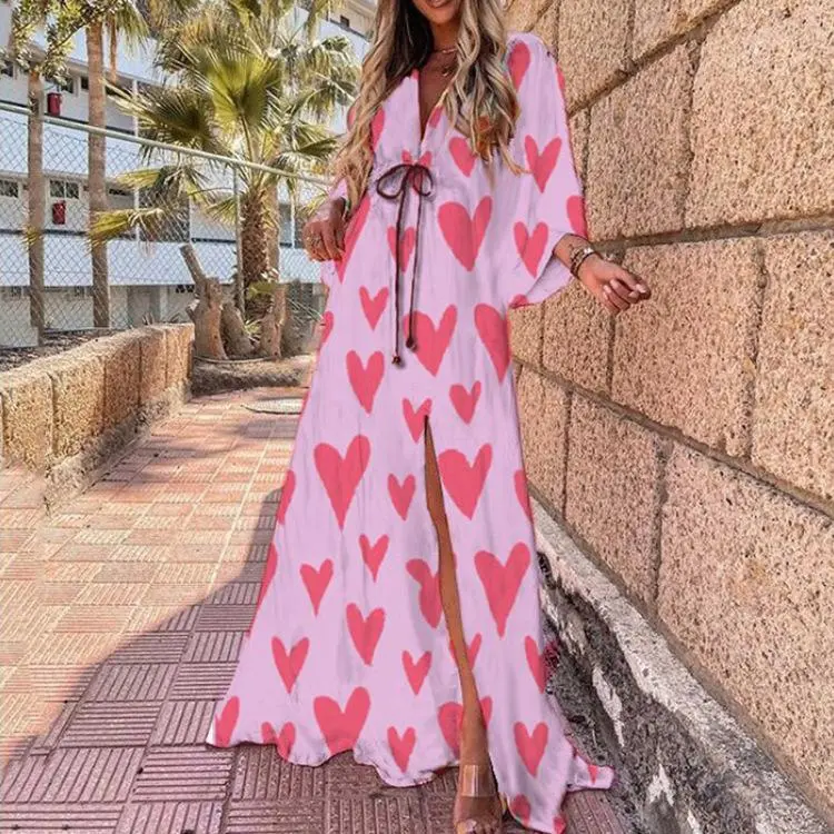 Women Lantern Sleeve Maxi Dress Boho Floral Embroidery V Neck Long A-Line  Dress Vintage Casual Vacation Beach Dresses
