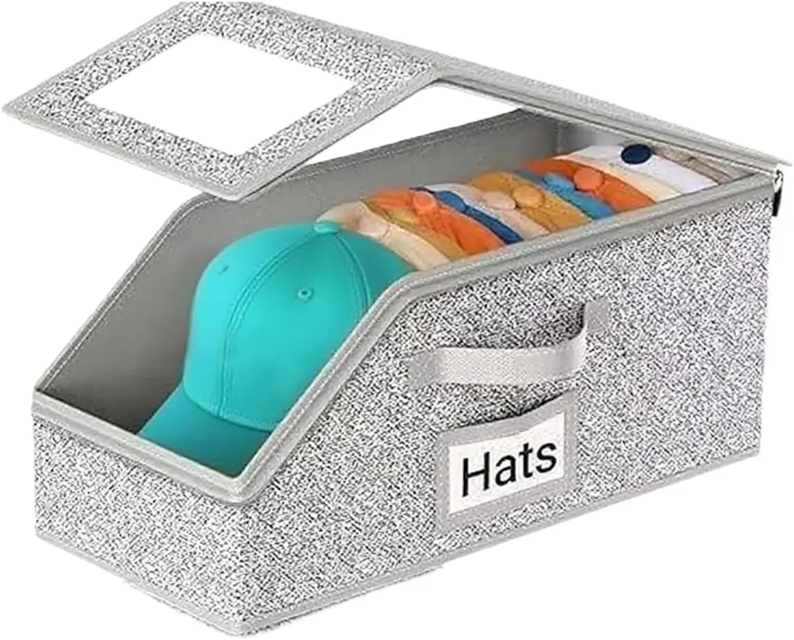 Stackable Baseball Cap Hat Box Storage Box - Durable Foldable Cardboard Organizer with Cardboard Base, Closet Organization Solution, Holds Up to 24 Hats, Trapezoid Space Saver, Metal Window, Moistureproof, Dustproof, Name Tag ID Access Home Organizer