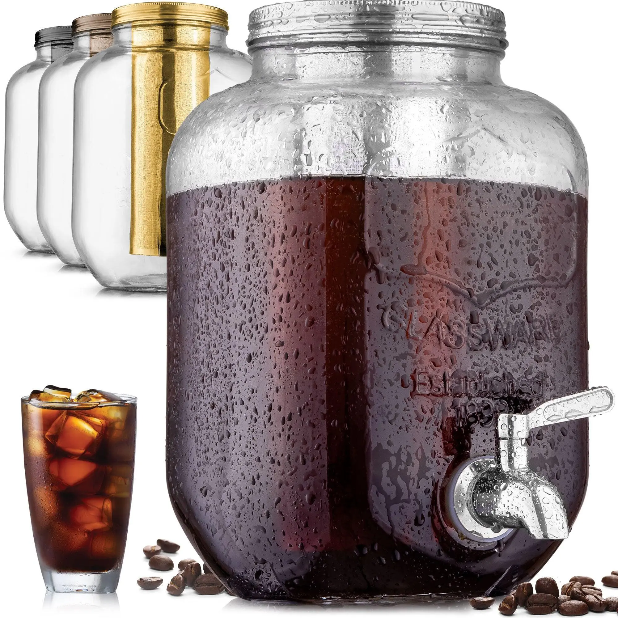Zulay Kitchen 1 Gallon Cold Brew Coffee Maker - Large Iced Tea Pitcher with Thick Glass & Stainless Steel Infuser, Airtight Lid & Spout