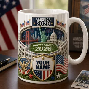 Personalized America 2026 Mug, 2D Printed 3D Effect Ceramic Coffee Cup, Patriotic USA Landmarks Flag Eagle Design, Custom Name Gift for Americans, Patriots, Veterans, 4th of July, Independence Day Gift
