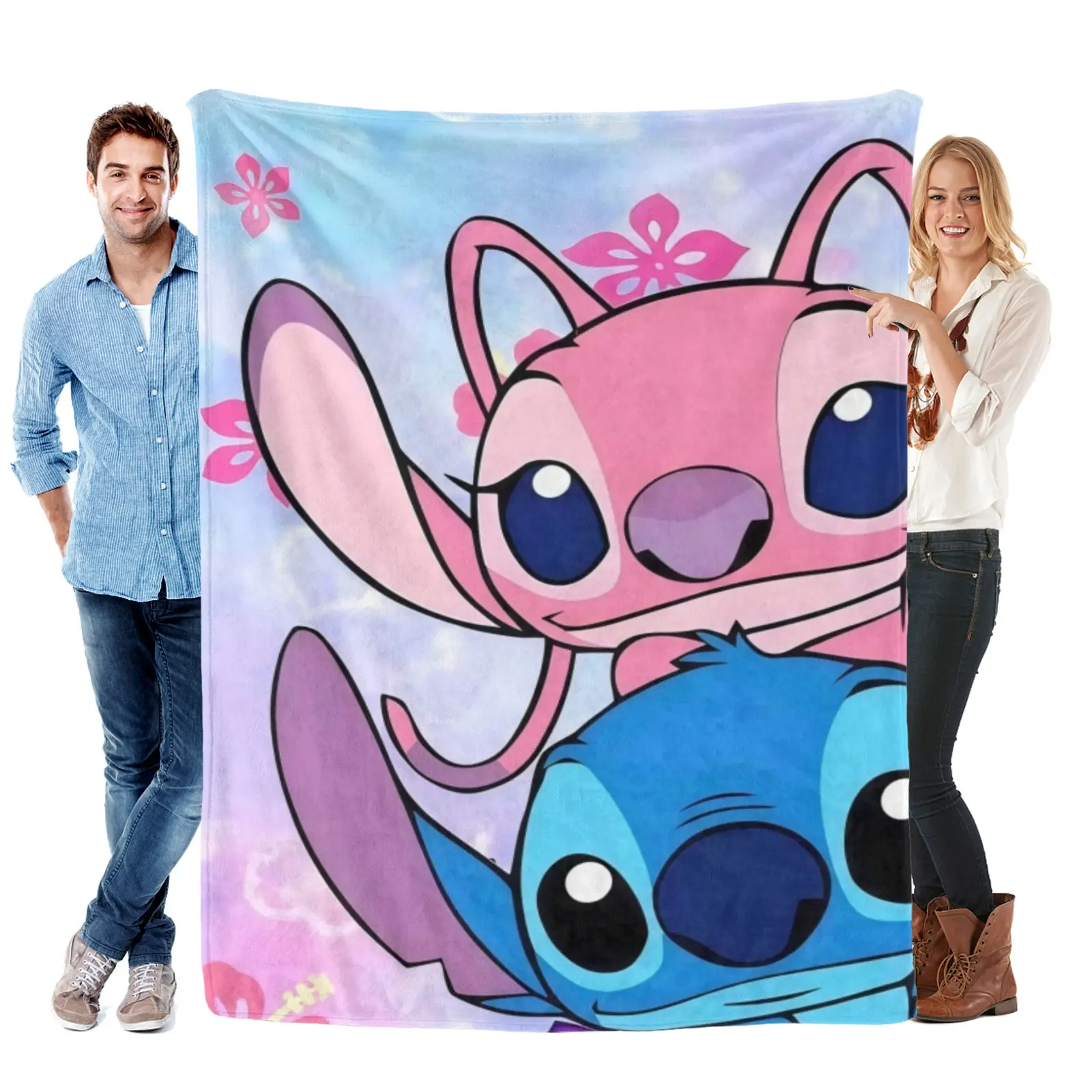Disney Pastel Flower Couple Stitch Blanket, Plush Cartoon Printing Throw Blanket,Disney Blanket,Stitch Bedding For Kids Sleep