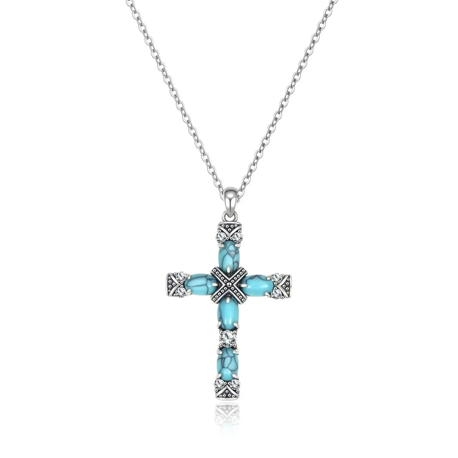 Women's 925 Sterling Silver Turquoise Cross Pendant Necklace - Vintage Christian Southwestern Jewelry, Easter Faith Gift for Confirmations, Everyday Exquisite Trendy Pendant