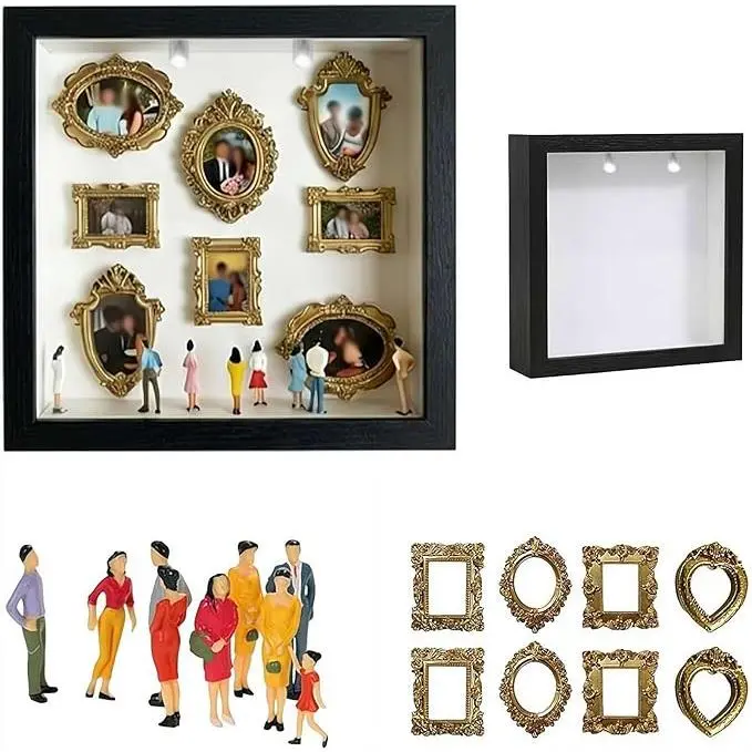 9.84x9.84" Square DIY Museum Silhouette Shadow Box Frame Decor - 7+8 Pcs DIY Kit with Figurines, Gold Frames, Personalized Photo Holder, Elegant Design for Travel Memories, Creativity Miniature Scenes - Valentine's Day Gift