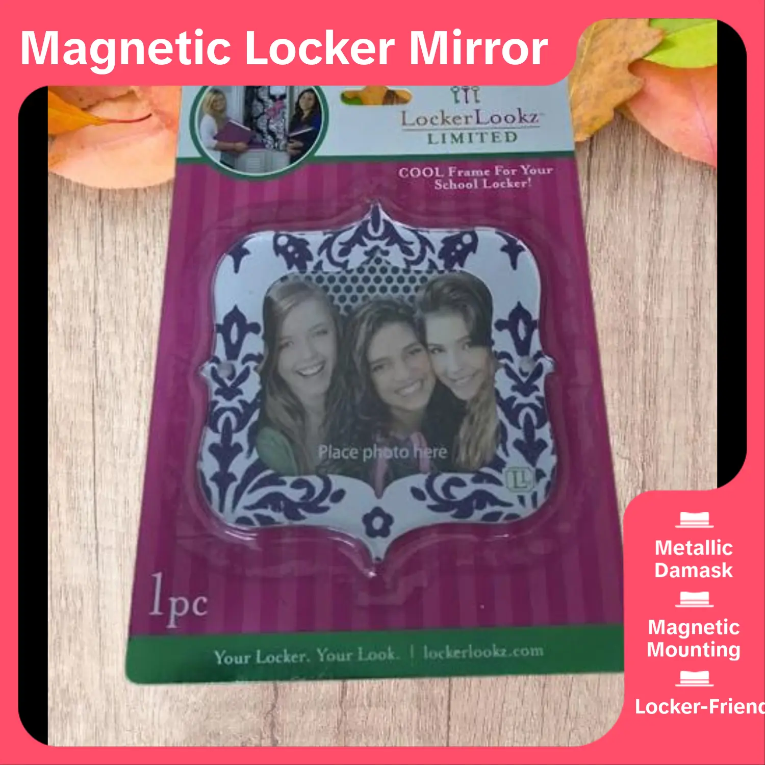 LockerLookz Limited Metallic Damask Design Magnetic Mirror for School Lockers, Elegant Glam Finish, Easy Installation & Removal, 4.5x4.5 Inches Home Decor Mirror