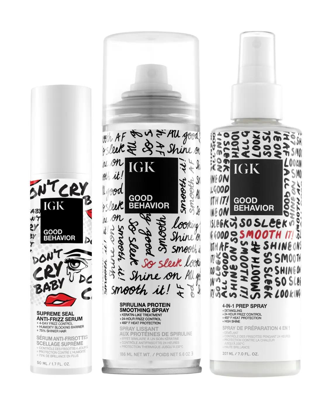 IGK SLEEKER-THAN-SLEEK BUNDLE | Good Behavior 4-in-1 Prep Spray + Good Behavior Smoothing Spray + Good Behavior Supreme Seal Smoothing Serum | 473ml | 16 oz