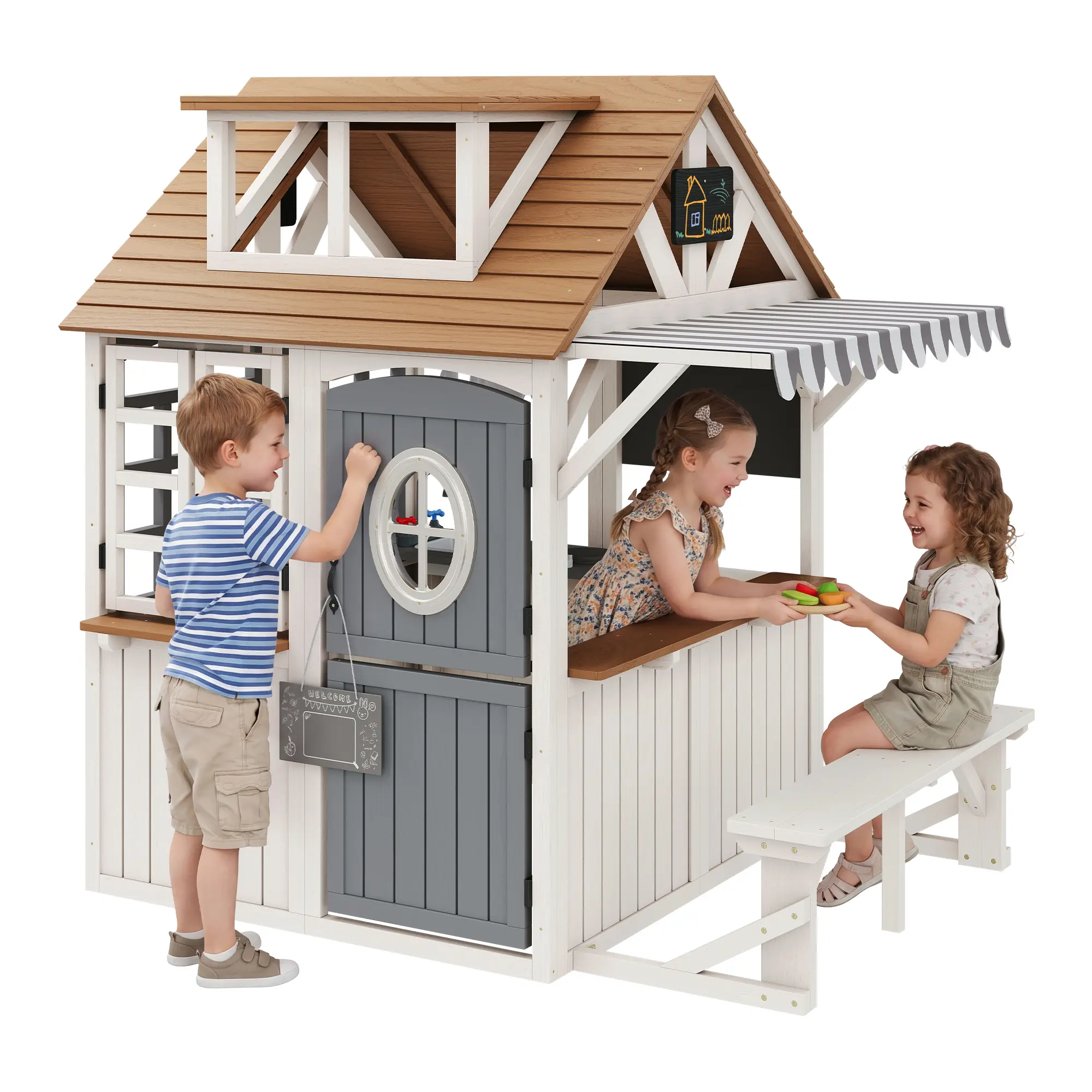 [SummerSale] ALBOTT Unisex 4-Size Kids Wooden Playhouse with Kitchen Set - Durable Fir Wood, Pre-Cut Panels, Roof, Rust-Resistant Hinges - Cottage Core Decor, Development Focused - Outdoor Play Toy for 3-8 Years Old Boys & Girls
