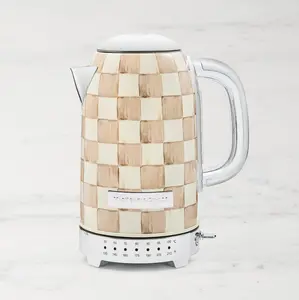 MACKENZIE-CHILDS Colorful Stainless-Steel Tea Kettle, Brown-and-White Mocha Check Kitchen Drinkware