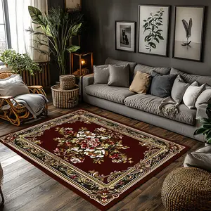 Burgundy Red Vintage Rose Floral Medallion Crystal Velvet Area Rug Non‑Slip Luxury European Living Room Rug#BurgundyRedFloralRug #VintageRoseMedallionRug #EuropeanLuxuryDecor #OrnateBorderCarpet #CrystalVelvetRug