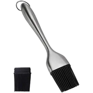 Stainless Steel Basting Pastry Brush 7.87in Heat-Resistant Cooking Brushes with Back up Silicone Brush Heads for BBQ, Baking Grilling