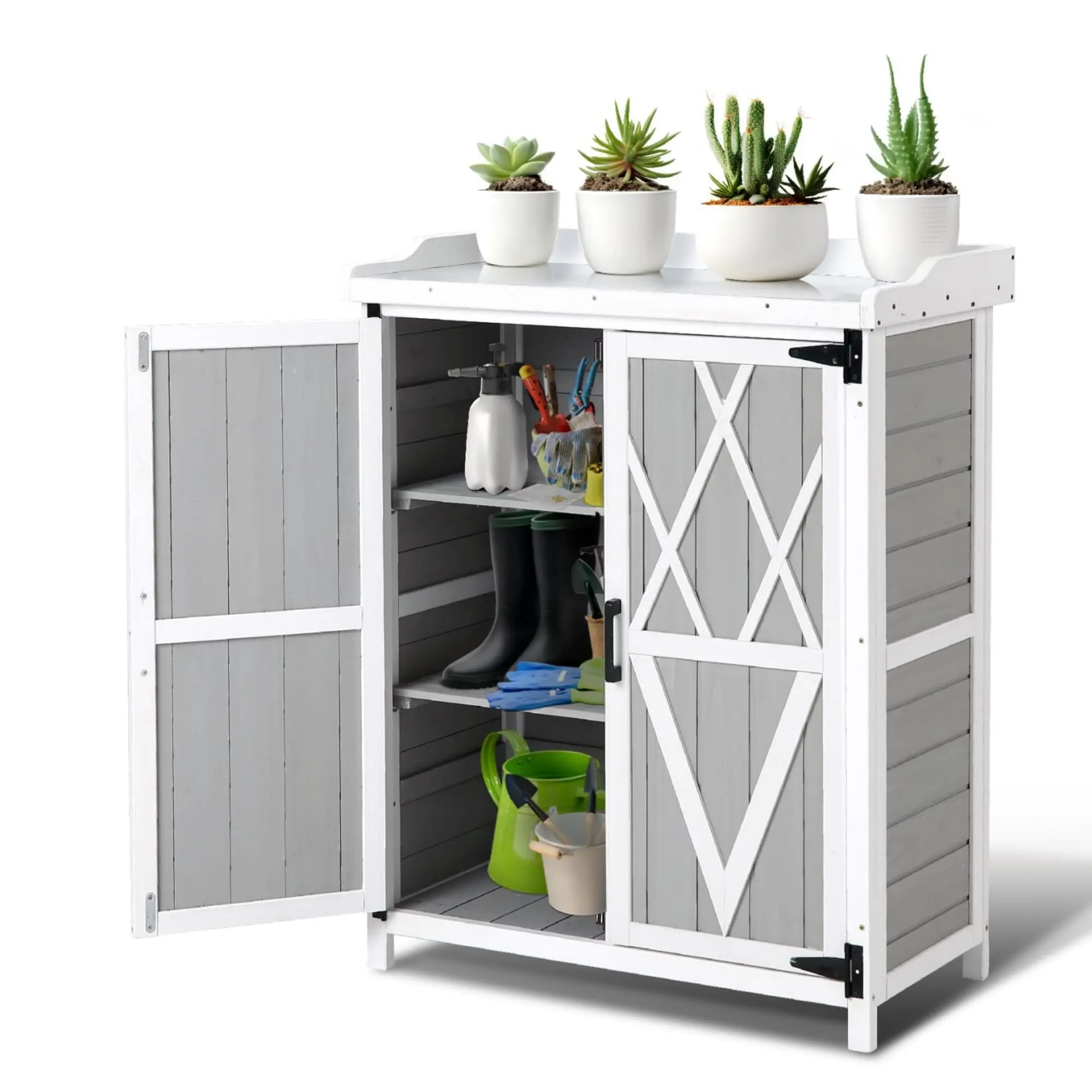 Garvee Outdoor Wooden Storage Cabinet with Metal Tabletop, Garden Potting Bench Table with Adjustable Shelf, Weather-Resistant Patio Cabinet for Garden, Lawn, and Backyard