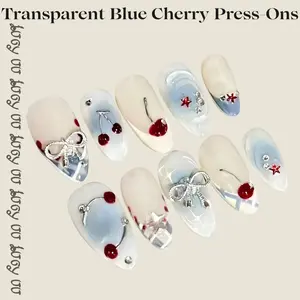 【Lucy UU】Frosted Blue Cherry Press-On Nails 3D Bow & Star Accents Cute Glossy Gradient Handmade Reusable Long Manicure