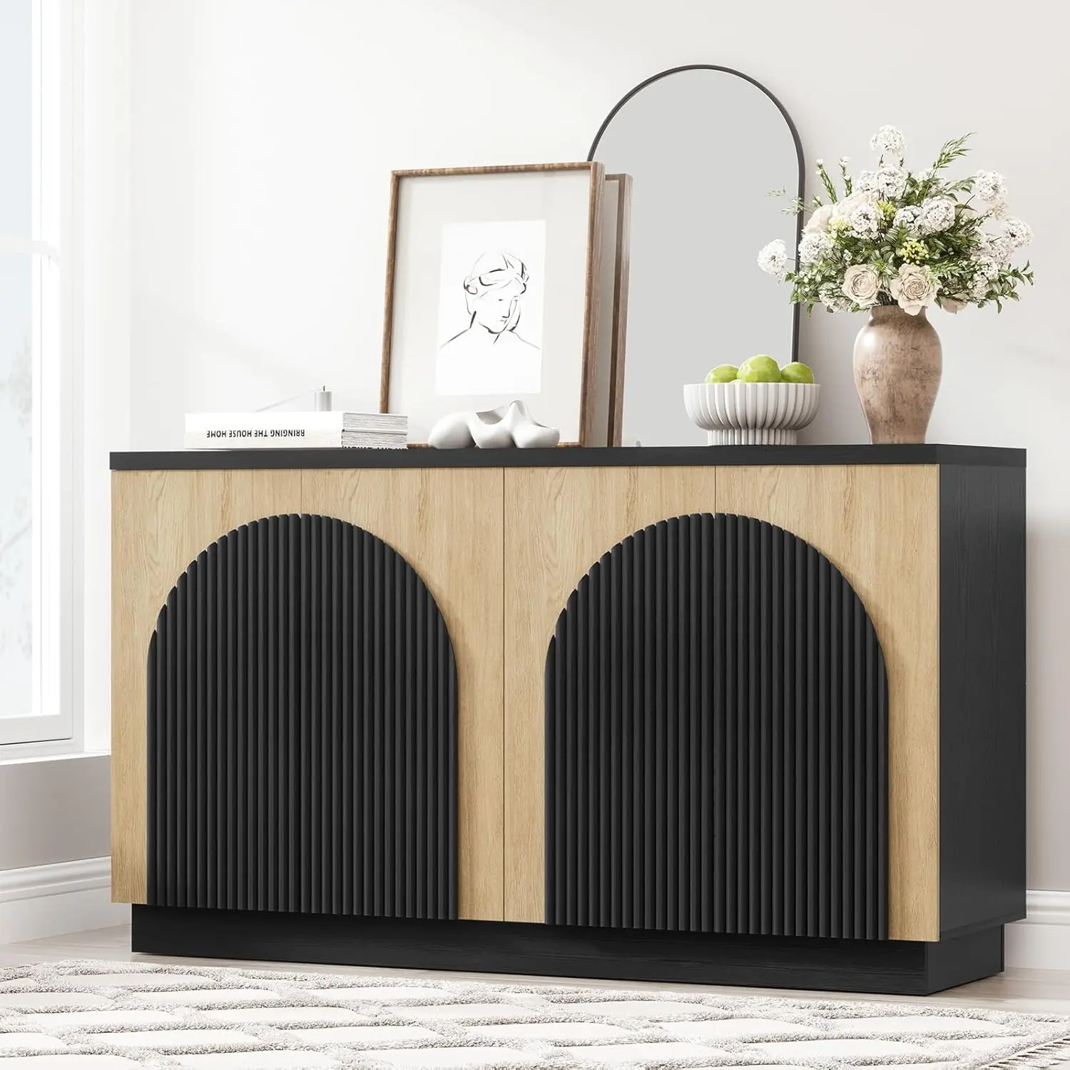 Yechen 55 Inch Fluted Sideboard Buffet Cabinet with Arched Reeded Doors, Modern Mid Century Credenza Accent Storage Cabinet with Adjustable Shelves for Living Room, Dining Room or Kitchen (Black/Natural Oak, Natural Oak, Walnut, Black)