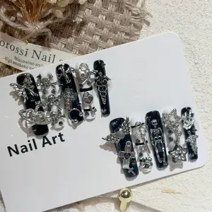 10Pack, TRUTH AMOR Handcrafted Alt Gothic Nail Trims, Long Square Shape Black White Split Base, Silver Skeleton Cross Wing Lock Star Key Rhinestone Charms, For Grunge Daily & Punk Outfit, Compact Nail Embellishments, Nail Art Supplies