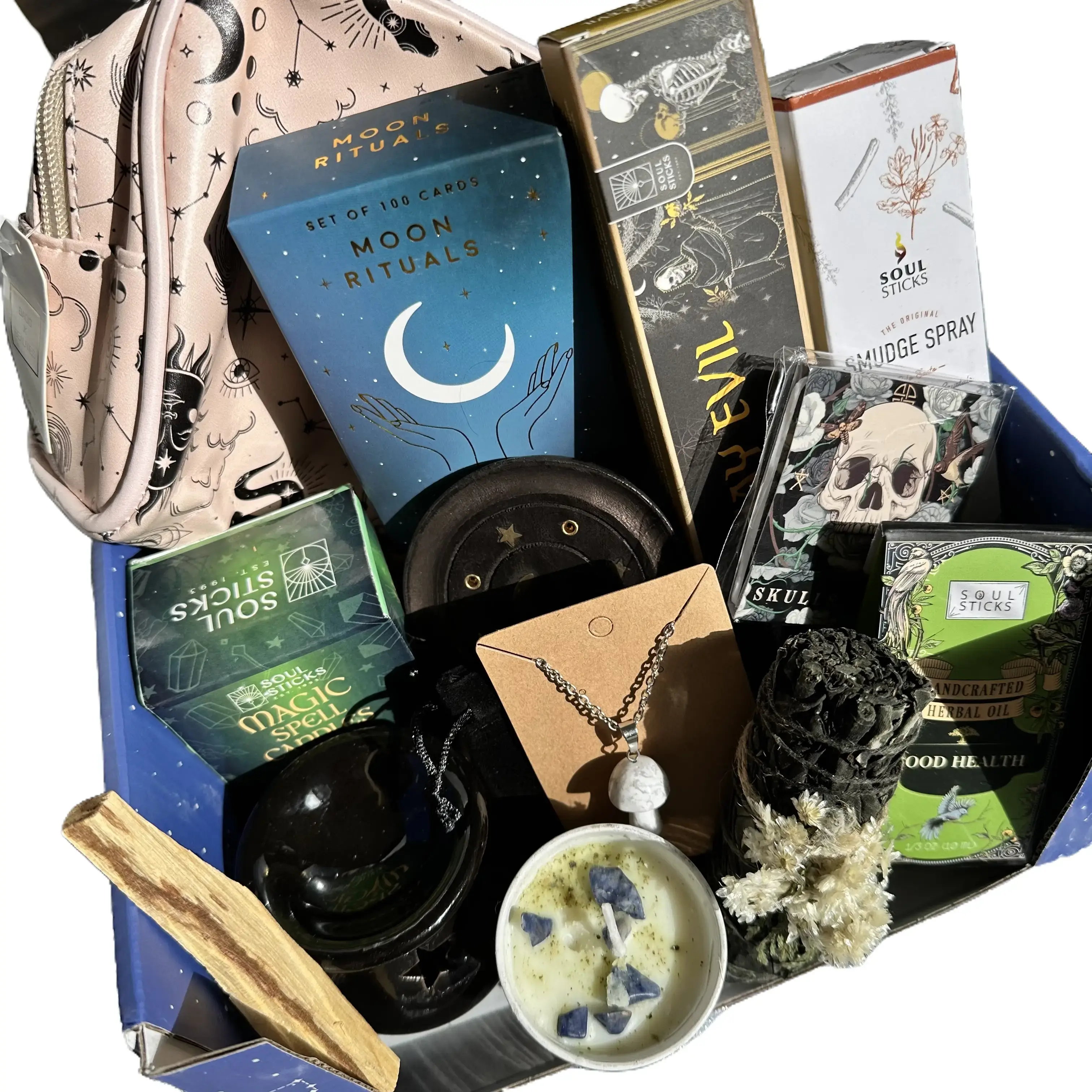 Celestial Deluxe Box 16 items Witchy Spell Candle, Journal, Accessories, Tarot/ritual/spell Cards or Books, Bundle Gift Set Herbal Oils Aromatic Sage Aromatic Fruity Fragrance