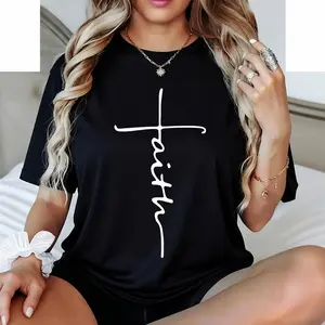 Womens FAITH Print Loose Oversized T-Shirt For Women - Casual Polyester Knit Fabric With Round Neckline, All-Season Comfort, Festive Holiday Top, 1pc