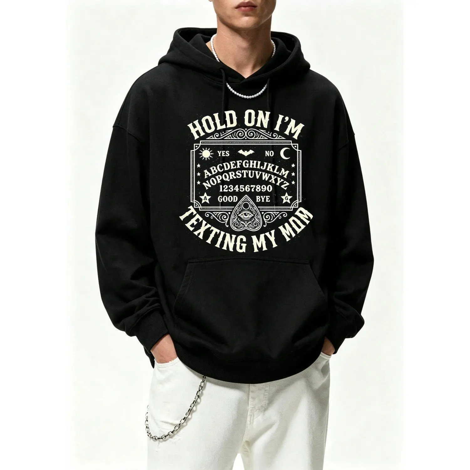Men’s Hoodie with Hold On I’m Texting My Mom Ouija Board Graphic Design Vintage Style Casual Pullover Sweatshirt for Everyday Wear