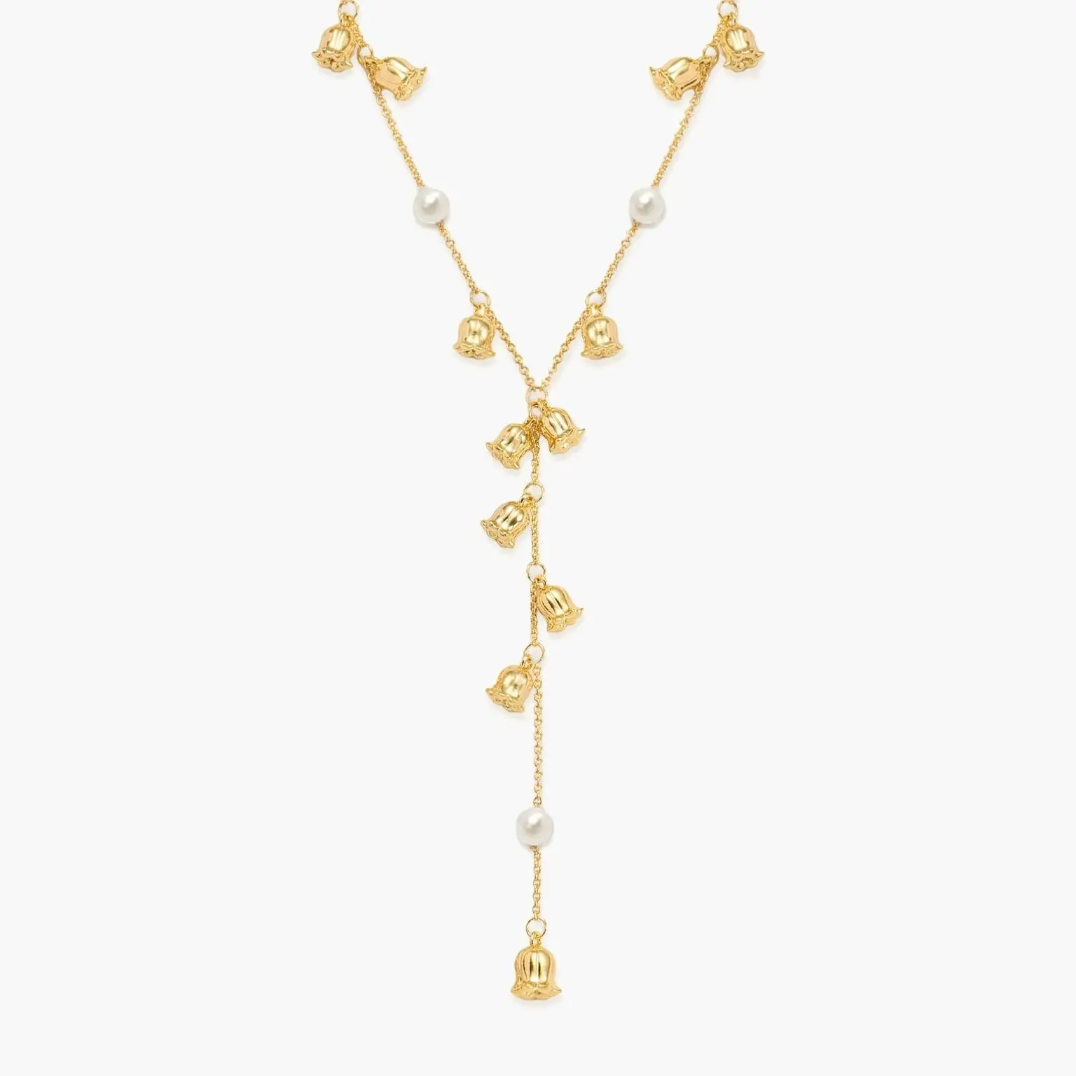 en route 18K Gold Plated Lily of the Valley Pearl Lariat Necklace in Gold, Floral Series Jewelry With Pearl Detail, Versatile Layered Piece For Stacking, Sets & Chic Styling