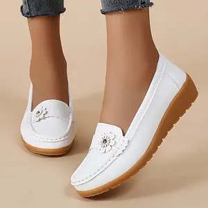 UOSO [Comfortable Flat Loafers] Lightweight & Comfortable Women's Flat Loafers - Flower Decor Solid Color Slip On Shoes