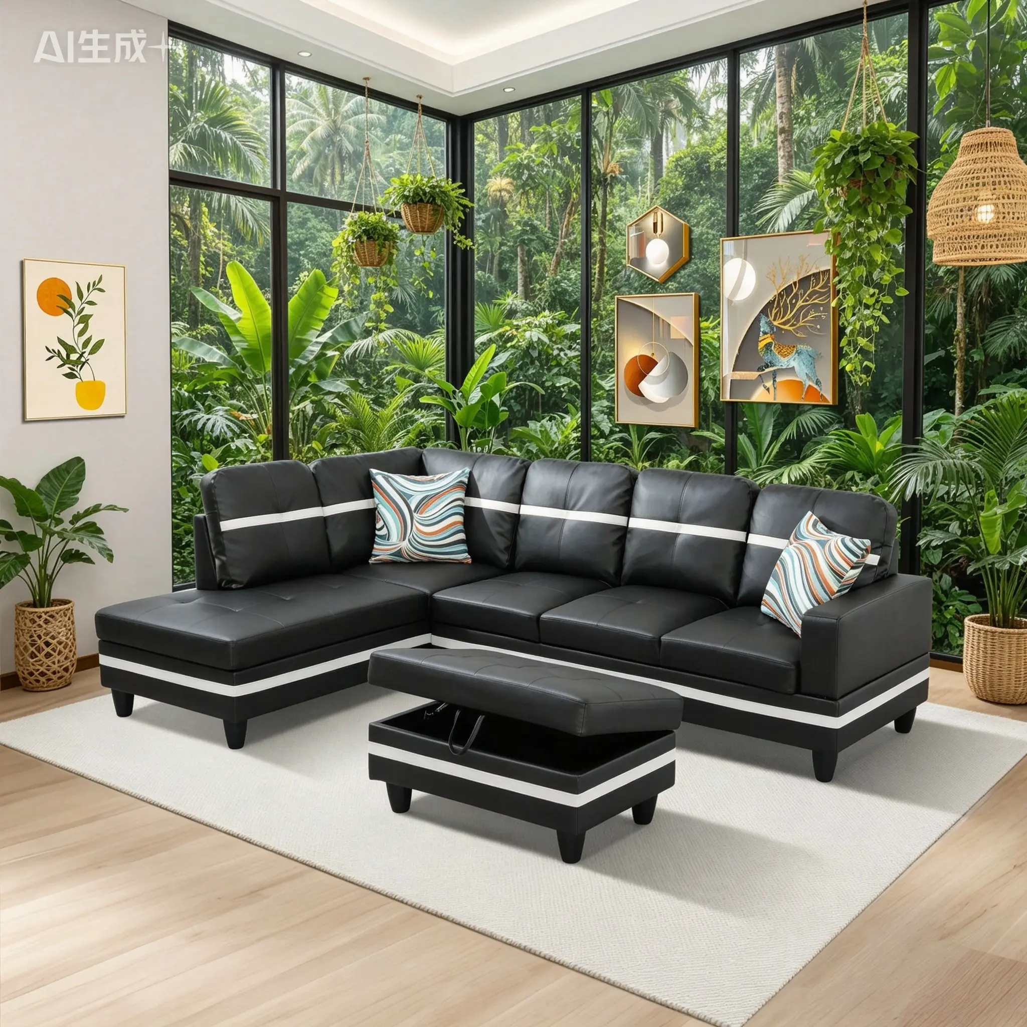 Contemporary Luxury Semi-PU Leather Corner Sectional Combo Sofa Set, 3-in-1 Chaise Lounge with Storage Ottoman, Easy-Clean Synthetic Leather Couch for Studios, Basements, Assembly Required