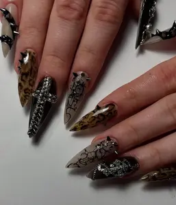 Gothic Leopard Press On Nails | Spiked Punk Cross Nail Set | Black Chrome Leopard Print Nails | Dark Grunge Fashion Nails