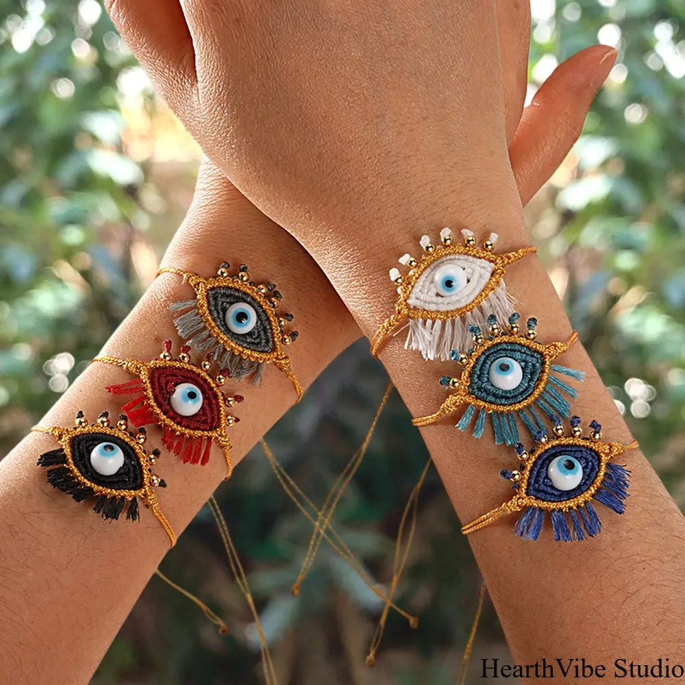 HearthVibe Studio Hand-Woven Evil Eye Chic Sports Wristband Bracelet, Ethnic Tassel Design, Unisex Sporty Accessory, Women's Modern Fashion Piece, Chic Sports Wristbands, Sporty Sports Wristbands