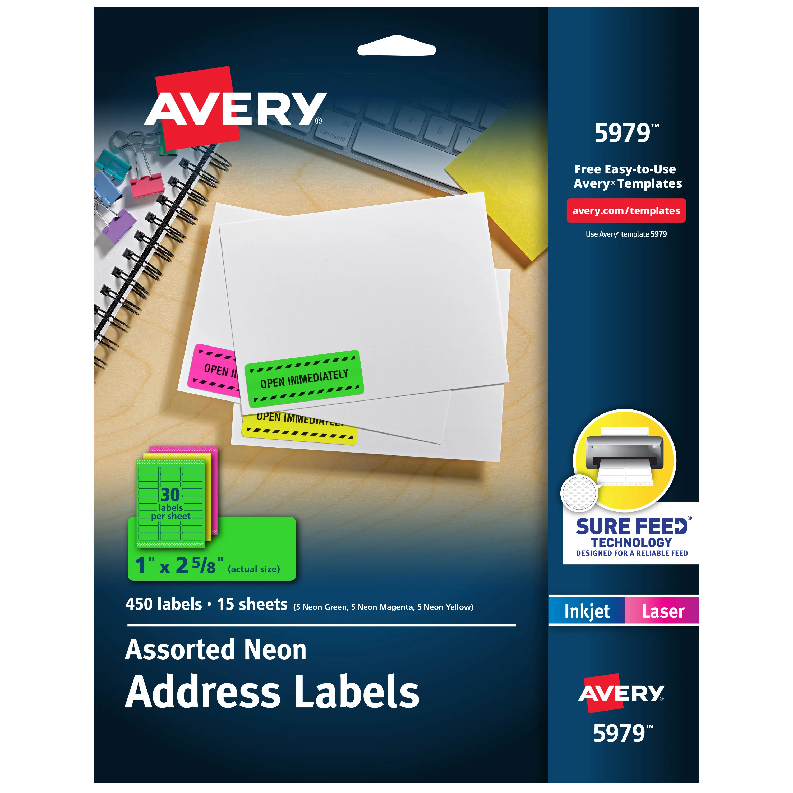 Avery Printable Address Labels with Sure Feed, 1" x 2-5/8", Assorted Neon Colors (Magenta, Green and Yellow), Laser & Inkjet Compatible, 450 Blank Labels Total (5979), Colorful Label Paper, Personalized Address Labels