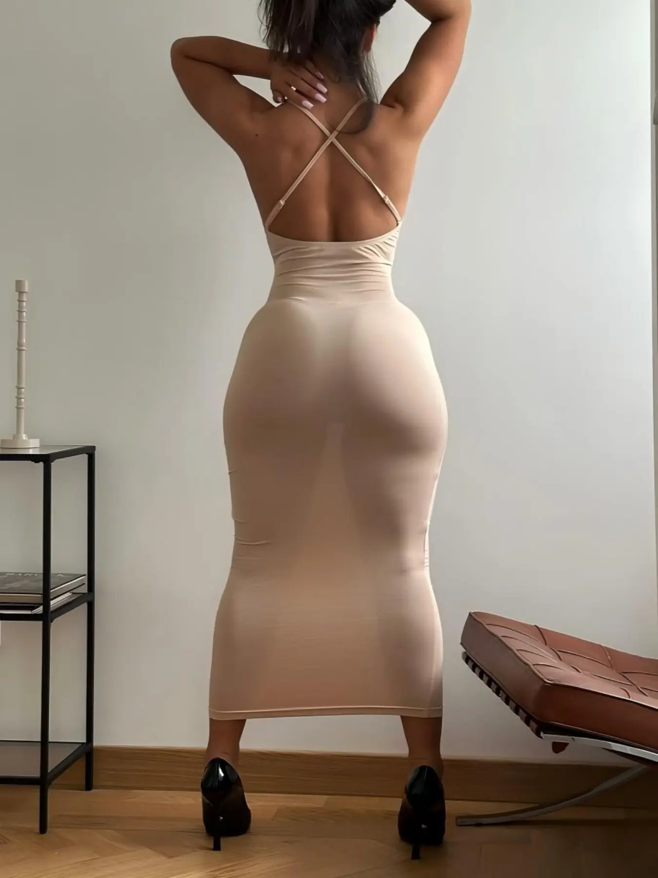 Fashion Solid Color Mid-Length Dress, Thin Strap Spaghetti Strap Cross Backless Bodycon Evening Gown Tight Fit, Sexy Formal Party Dress for Women, Womenswear