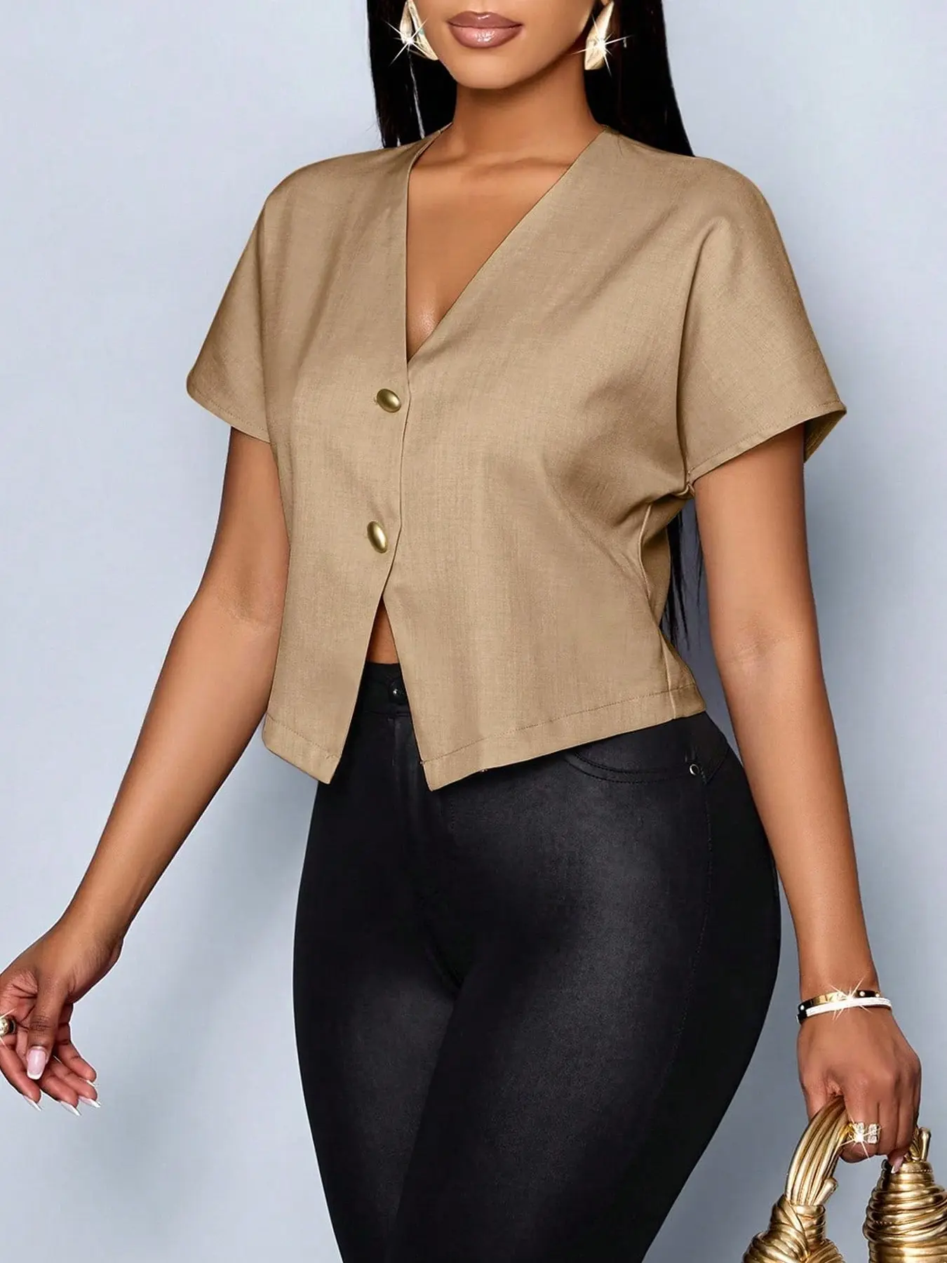 1 piece Women's Basic Solid Color V-neck Short-sleeved Fitted Cropped Blouse Shirt Top, suitable for commuting, Elegant Casual Chic, Casual, stylish and elegant, Minimalist, Business Casual Blouses
