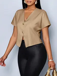 1 piece Women's Solid Color V-neck Short-sleeved Fitted Cropped Blouse Shirt Top, suitable for commuting, stylish and elegant.