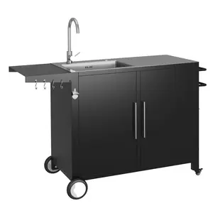 Grill Table with Sink, Outdoor Stainless Steel Kitchen Island Cabinets Sink Station with Hose Hook up & Lockable Casters, Rolling BBQ Table for Backyard