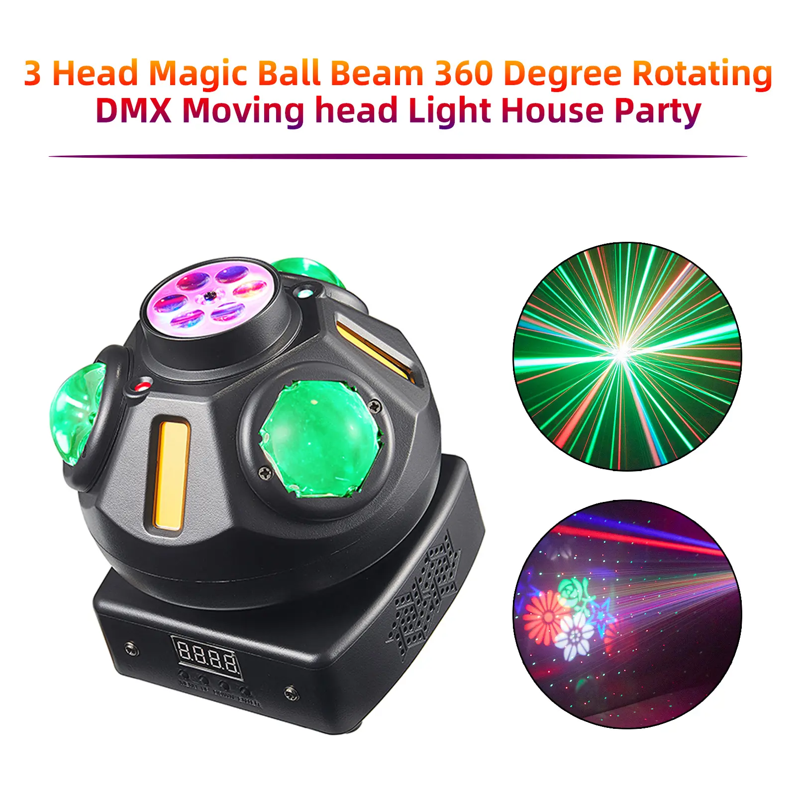 Areyourshop 3-Head Magic Ball Beam DMX Moving Light, 360° Rotating Mechanical Novelty Lighting with AC Power Supply for House Party