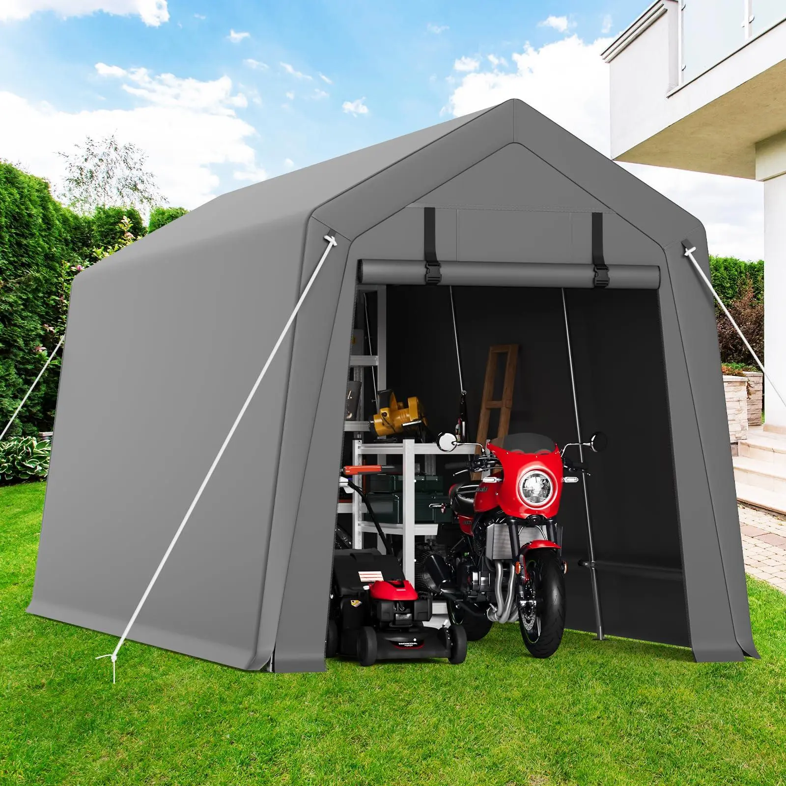 GARVEE 7x10FT Portable Outdoor Garage, Waterproof & UV-Resistant Portable Storage Shed with 2 Roll-Up Doors, Carport Tent for Motorcycle, Bike, and Tools