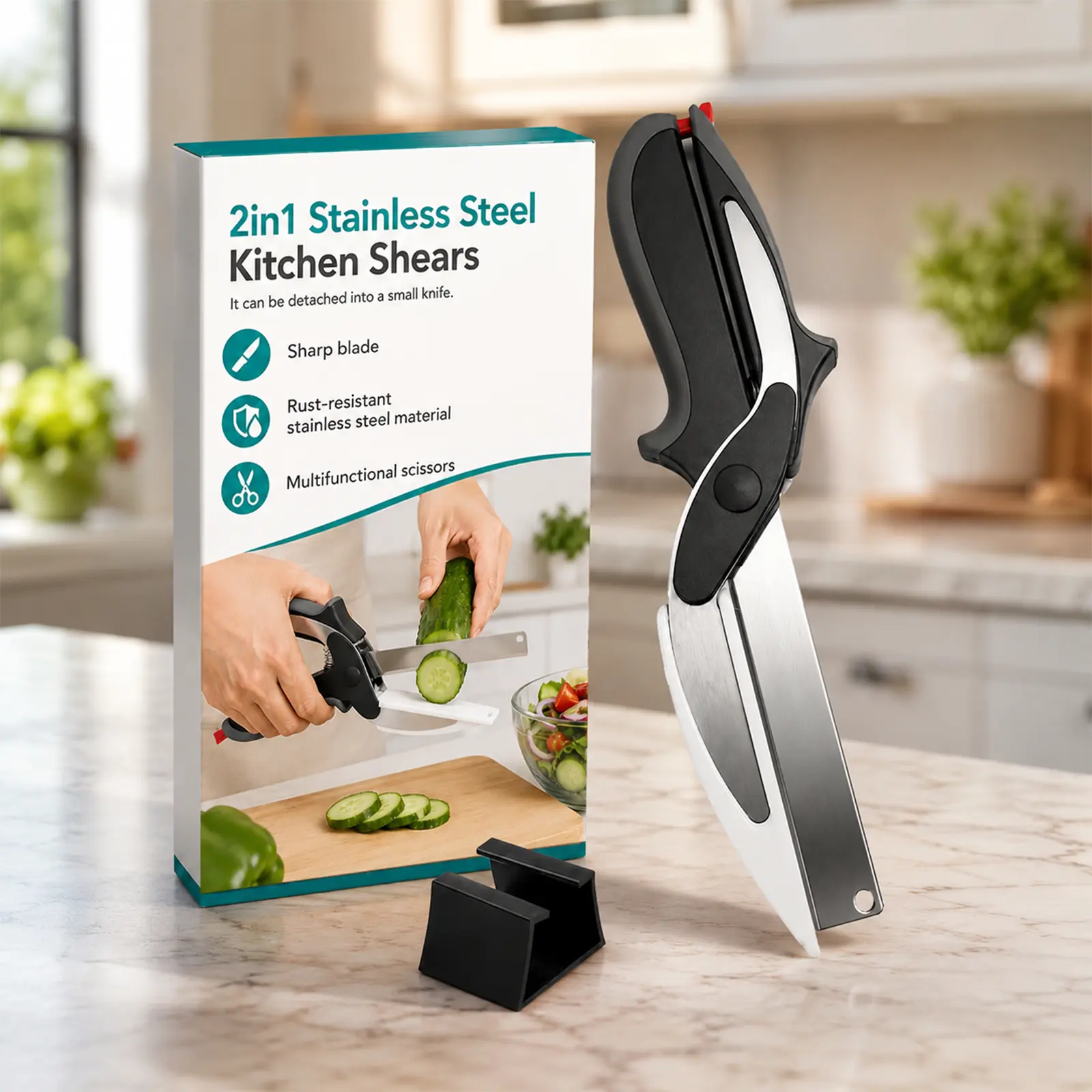 2 in 1 Kitchen Scissors for Food – Stainless Steel Blade & Plastic Cutting Board Scissors with Safety Lock | 9.6" Tomato Knife, Fruit & Vegetable Cutter – Easy-to-Use Kitchen Shears for Meat, Cheese
