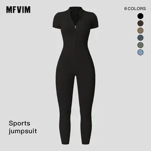 Women's Short Sleeve Workout Fitness Jumpsuit, Zipper Jumpsuit, Skinny Waist and Tummy, Running Yoga Daily Wear Jumpsuit All Season Activewear Stretchable Activewear SpringStatements