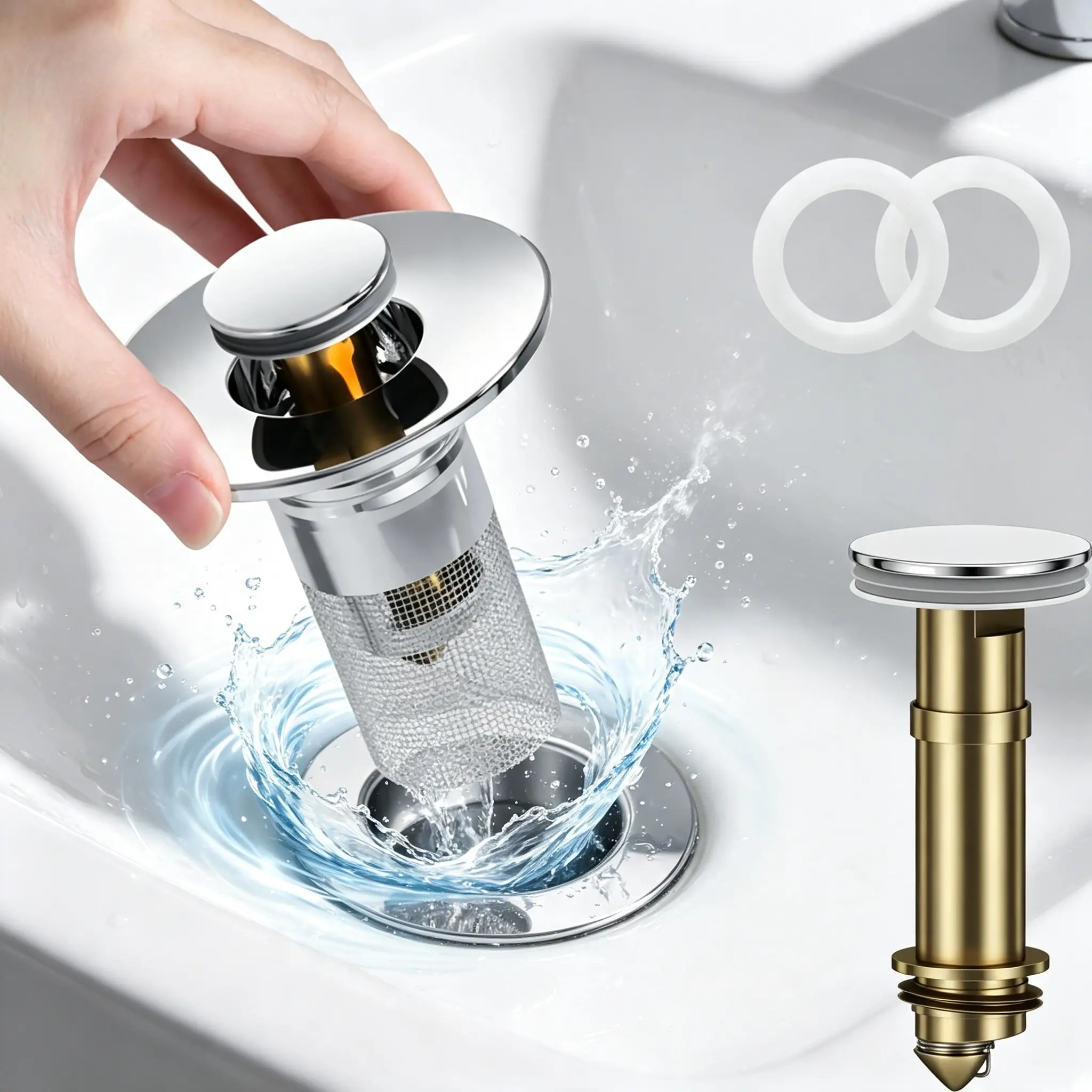 Bathroom Basin Pop-Up Drain Filter, Sink Drain Plug With Disassemblable Stainless Steel Mesh, Debris Filter Basket Hair Block Hair Retainer