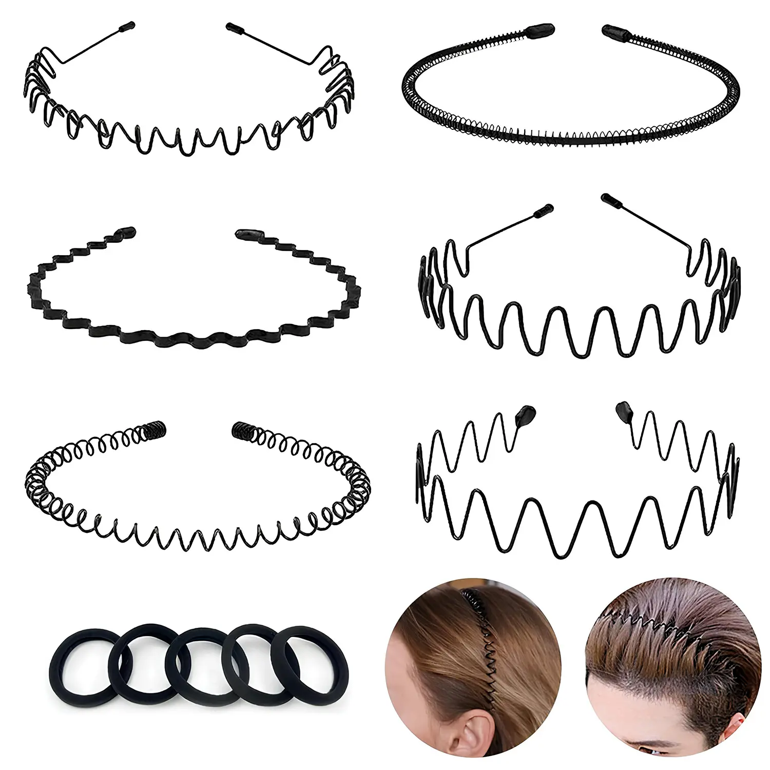 6PCS Metal Headbands for Men and Women, Wavy Adjustable Wire Hair Bands, Unisex Non-Slip Elastic Headband for Workout, Face Washing, Curly Hair & Daily Use