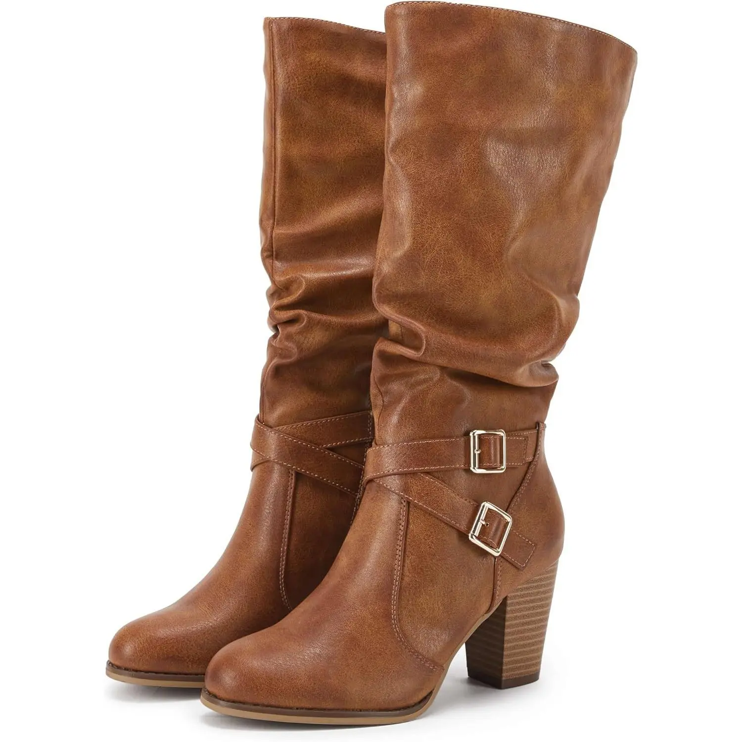 Coutgo Womens Mid Knee High Boots Chunky Heel Slouchy Metal Buckle Side Zipper Fashion Winter Shoes tiktokshopbacktoschool