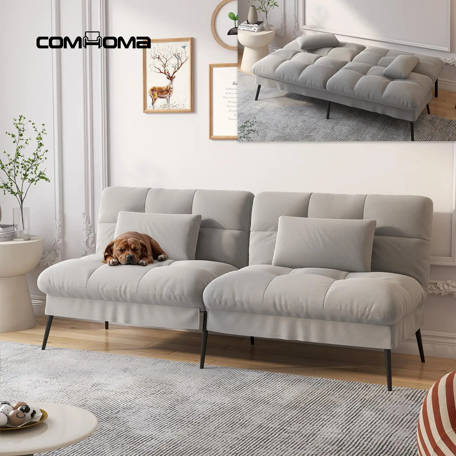 COMHOMA Convertible Futon Sofa Bed, 68″Fabric Futons Couch with Adjustable Backrest, Folding Sleeper Recliner for Living Room Furniture Lounge Modern