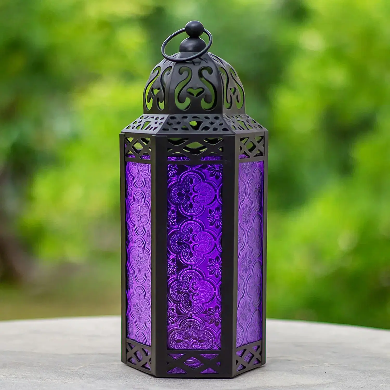 Moroccan Style Purple Gothic Halloween Candle Lantern -  Decorative Candle Holder Lamp for Table or Hanging, 10.5" Tall