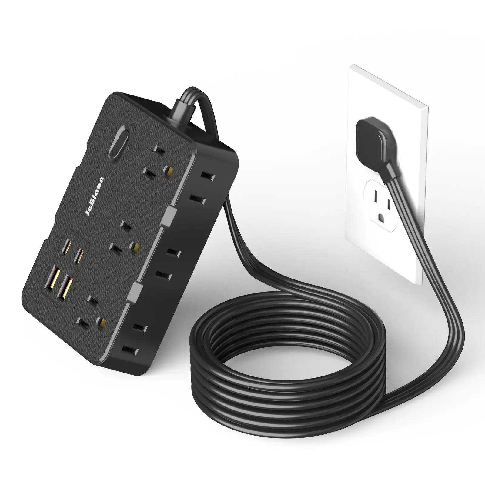 Rectangle Flat Plug Surge Protector Power Strip Socket - 1050J Surge Guard, 6 Plug Sockets, 4 USB Ports (Including Type C), 5ft Tangle-Free Ultra-Thin Extension Cord, Compact Desk Charging Station with Wall Mount for Dorm/Office, for Devices & Accessories