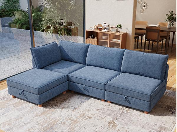 128" 6 Seat Modular Sectional Sofa with Storage, Sturdy Solid Wood Structure, Modular Sectional Sofa Cloud Couch Washable, Spacious Couches for Living Room, Apartment, Loft, Dark Blue 128" 6 Seat Modular Sectional Sofa with Storage, Sturdy Solid Wood Structure, Modular Sectional Sofa Cloud Couch Washable, Spacious Couches for Living Room, Apartment, Loft, Dark Blue