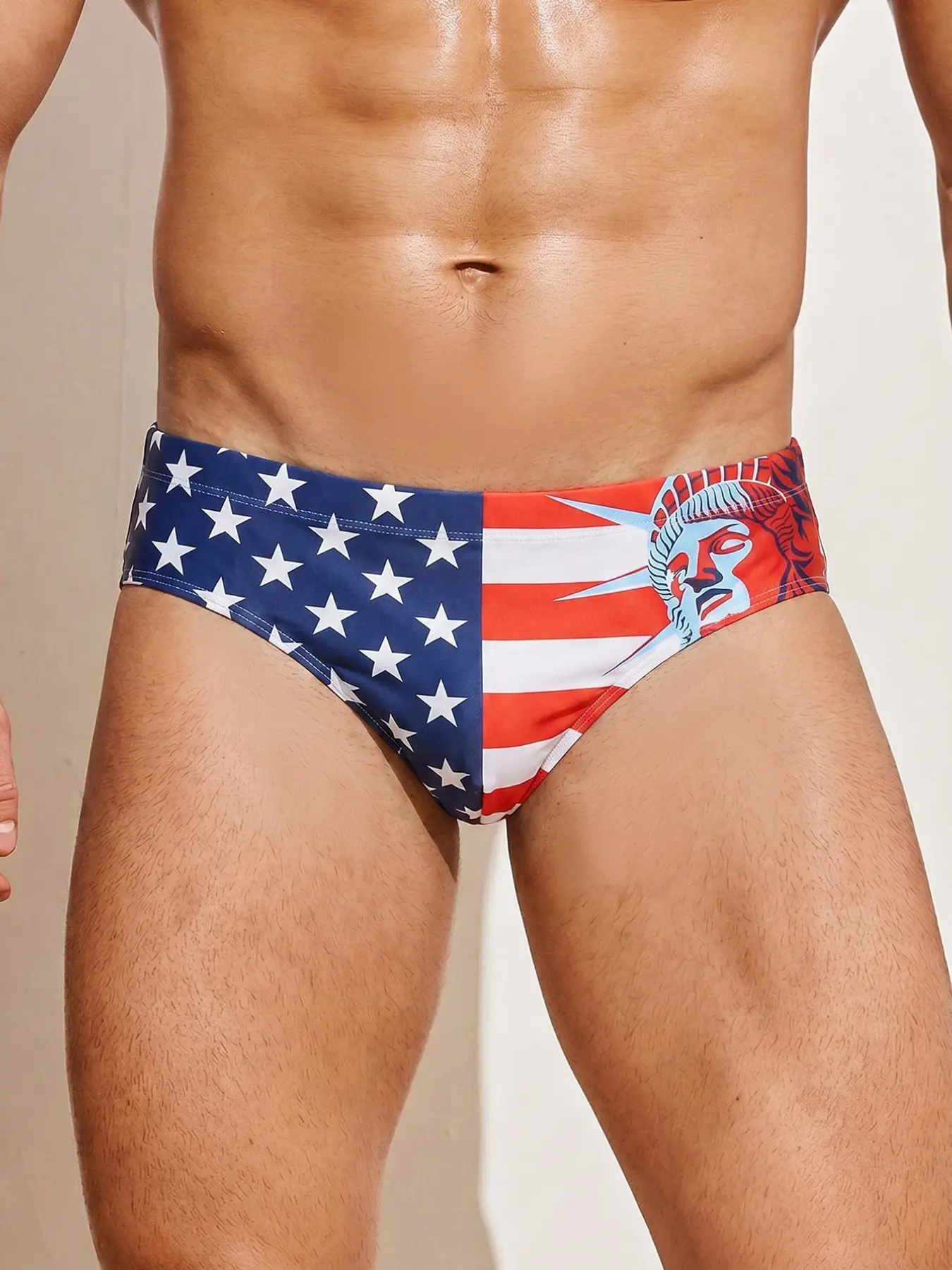Men's Star Striped Print Triangle Sport Swim Trunks, High Stretch Quick-Dry Breathable, Ideal for Summer Beach, Pool, Surfing, Fitness, Boxing Clothing